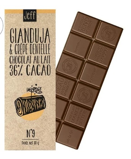 BAR N°9 MILK CHOCOLATE 36%, HAZELNUT GIANDUJA AND CREPE LACE (JEFF CLUB)